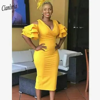 

Tea Length Yellow Cocktail Dresses Sheath Short Sleeve Girls Graduation Homecoming Prom Party Dress Plus Size Custom Made