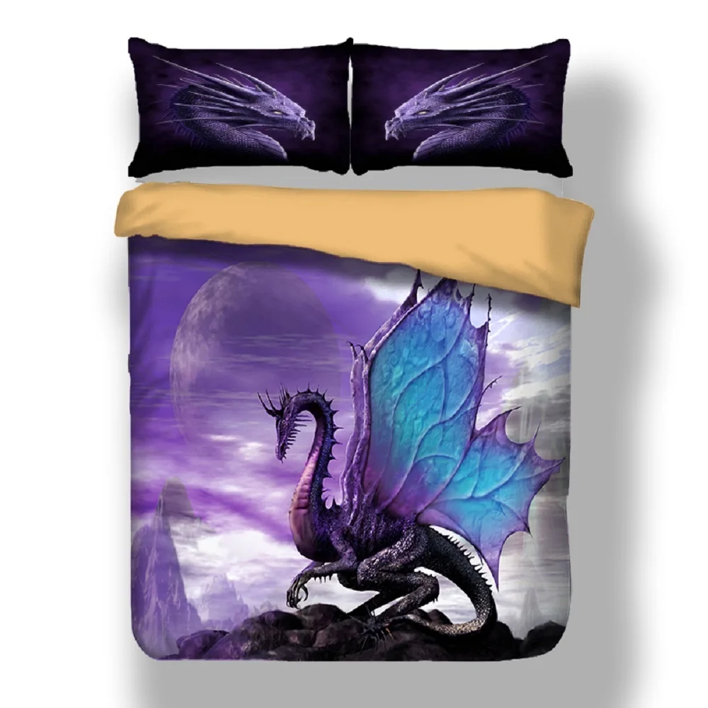 Летающий дракон пододеяльник набор фиолетовый Птерозавр Комплект постельного белья с застежкой-молнией Полный Королева двойной размер микрофибра Комплект постельного белья