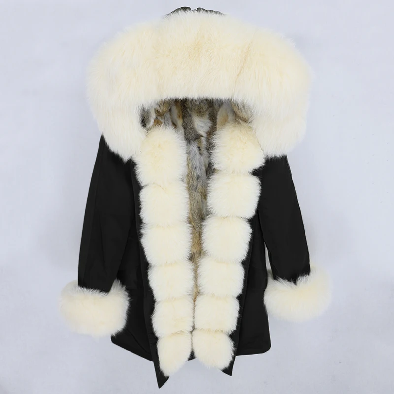 OFTBUY, водонепроницаемая парка, натуральное меховое пальто, зимняя куртка для женщин, воротник из натурального меха енота, капюшон, подкладка из натурального кроличьего меха, съемная - Цвет: black beige