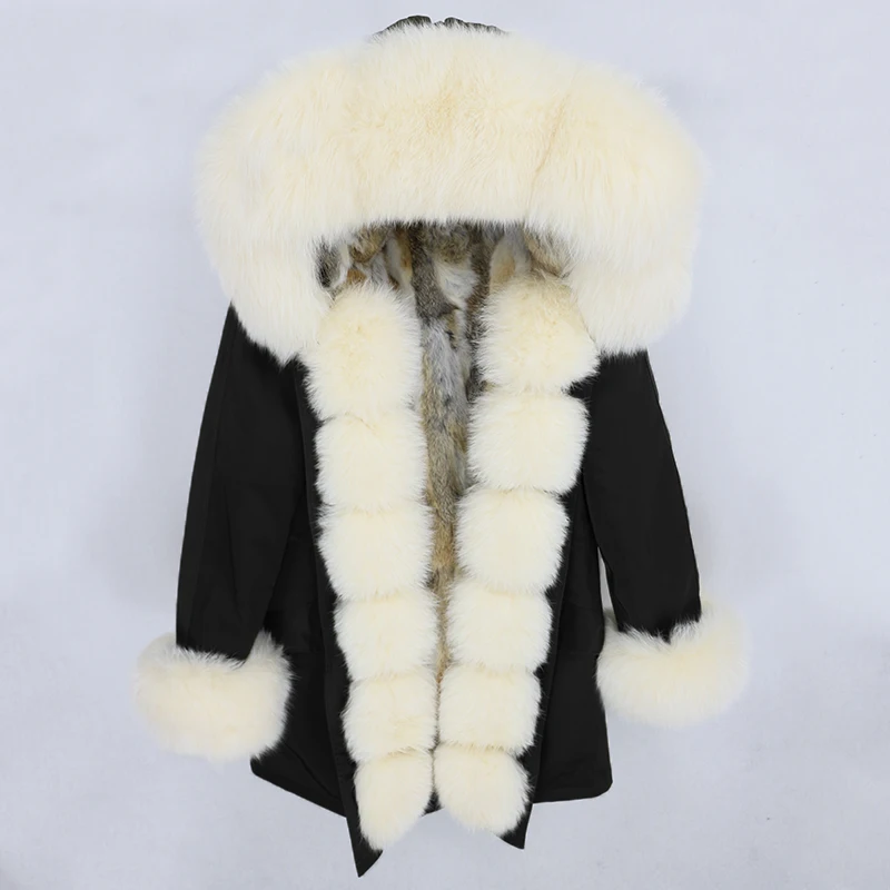 black beige OFTBUY, водонепроницаемая парка, натуральное меховое пальто, зимняя куртка для женщин, воротник из натурального меха енота, капюшон, подкладка из натурального кроличьего меха, съемная - Цвет: black beige