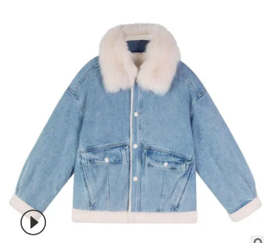 

2020 winter new Korean version of simulation fox fur denim splicing jacket temperament