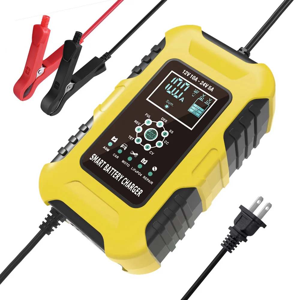 FOXSUR 12V 10A 24V 5A 자동차 오토바이 배터리 충전기 자동 7 단계 납 산성 AGM 젤 지능형 LCD 디스플레이 충전