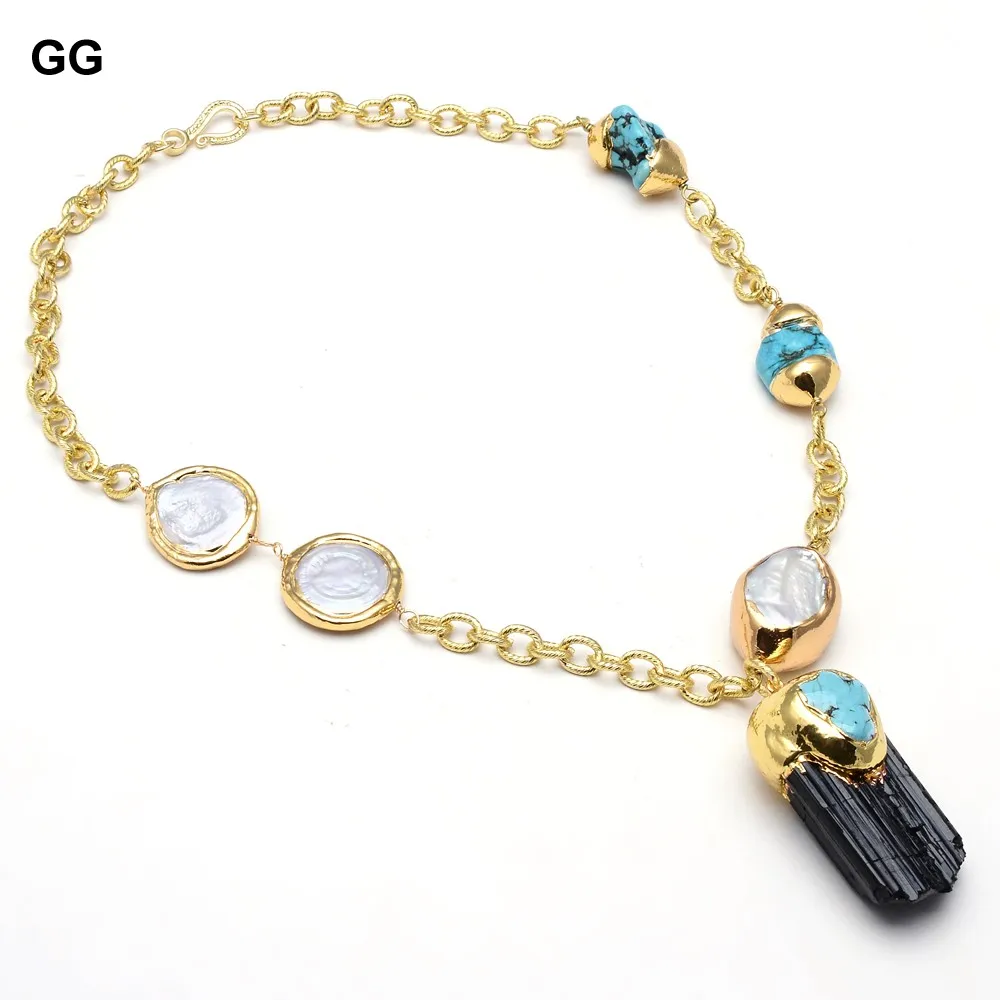 GuaiGuai Jewelry Natural White Coin Pearl Keshi Pearl Blue Turquoises Chain Statement Necklace Black Tourmalines Rough Pendant image_0
