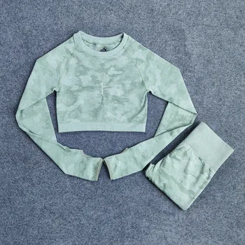 

SALSPOR Camouflage Seamless Fitness Set Women Clothing Camo Leggings Long Sleeve Shirts Suits Ankle Length Pants Push Up Legging