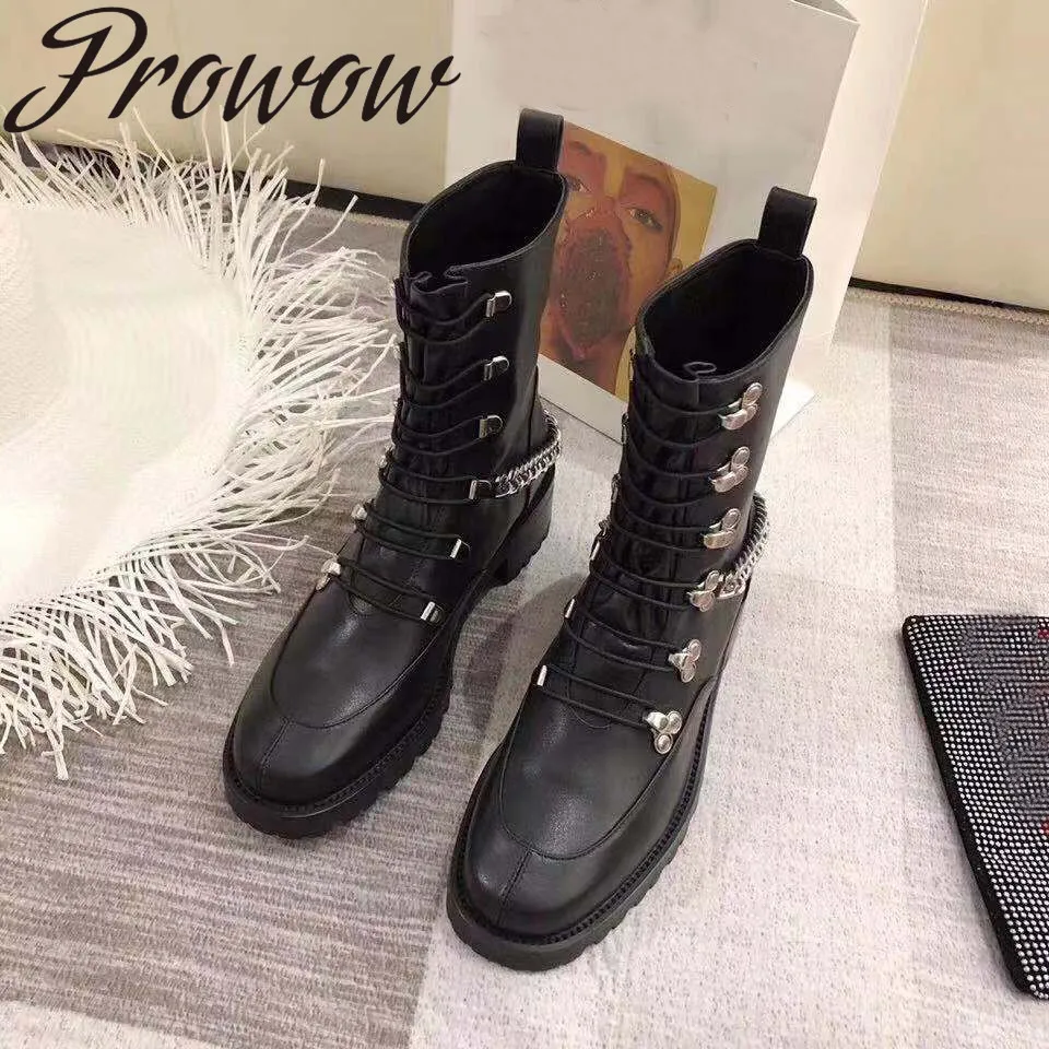 

Prowow New Genuine Leather Metal Chain Cool Punk Boots Shoes Women Round Toe Thick Heel Low Heel Winter Boots Shoes Women