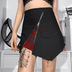 Gótico escuro academia cor contraste xadrez zíper irregular cintura alta mini saia sexy streetwear feminino y2k saia roupas de verão