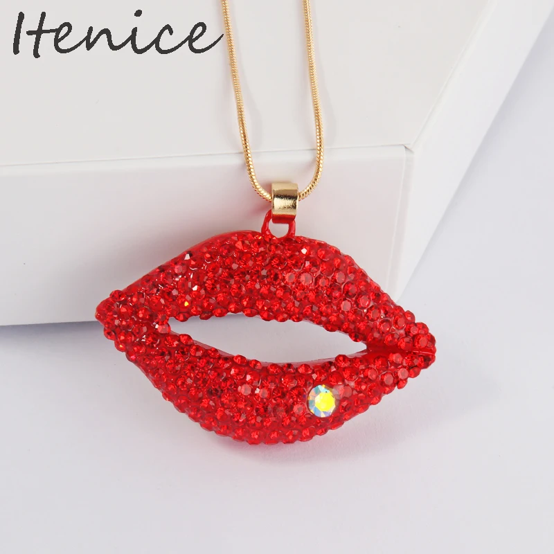 2020trendyHotSexyRedLipsNecklaceLadiesRhinestoneJewelry