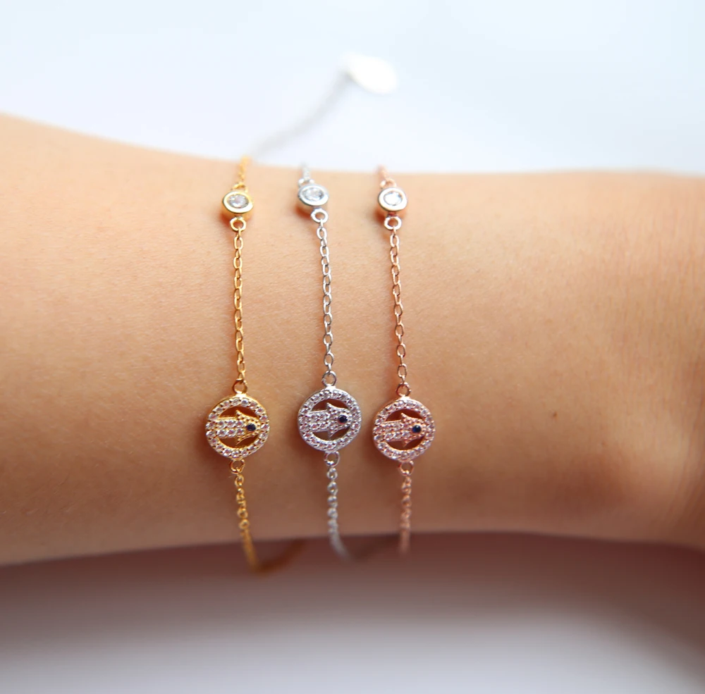 Женский браслет из серебра 100% пробы с фианитами 14 + 5 см|hamsa hand bracelet|charm bracelethand bracelet |