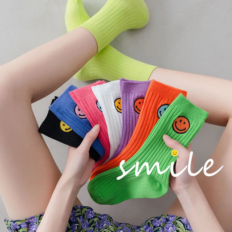 2021 New Ins Smiling Face Socks Women Cotton Korean Smile Face Embroidery Socks Fashion Candy Color  Heap Heap Socks Female trainer socks womens