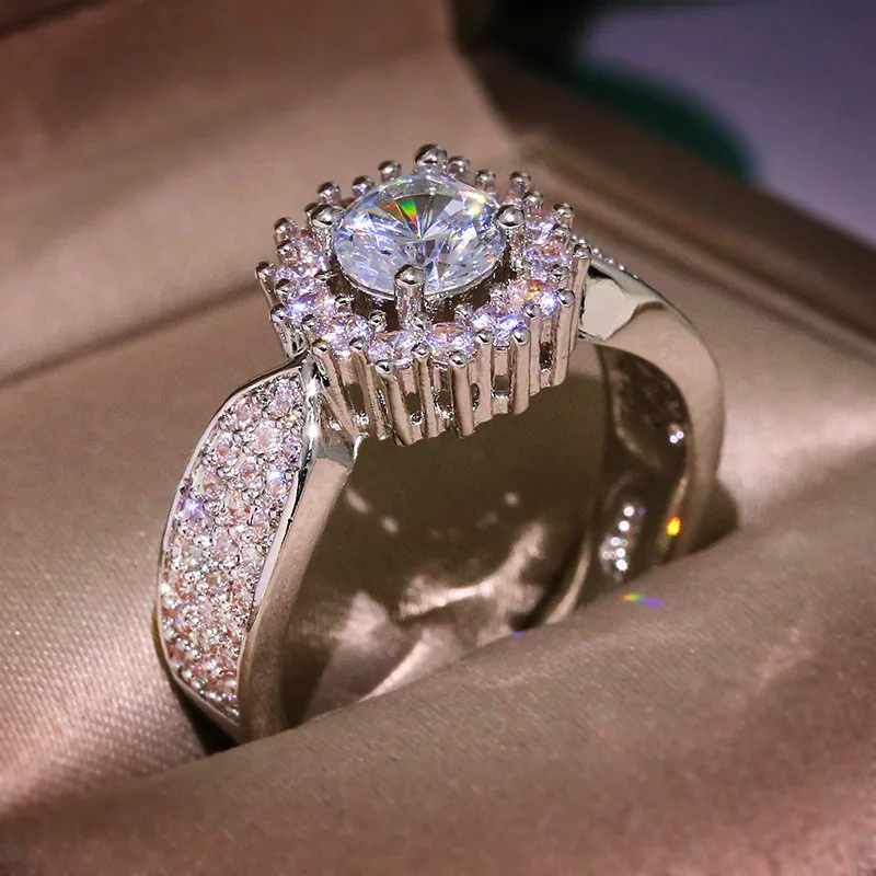 Роскошное женское большое круглое кольцо «Подсолнух», серебро 925 пробы, обручальное кольцо, винтажное циркониевое обручальное кольцо для женщин
