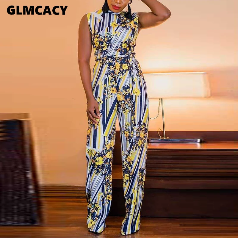 Women Sexy Office Jumpsuit Floral Print Turtleneck Sleeveless Long Wide Leg Rompers Chic Ladies Jumpsuit Beachwear Women Sexy Office Jumpsuit Floral Print Turtleneck Sleeveless Long Wide Leg Rompers Chic Ladies Jumpsuit Beachwear