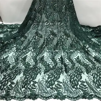 

2019 African Net Lace Fabric, High Quality Elegant green beads Nigerian Wedding Lace Fabrics 5Yards Sequins French Tulle lace