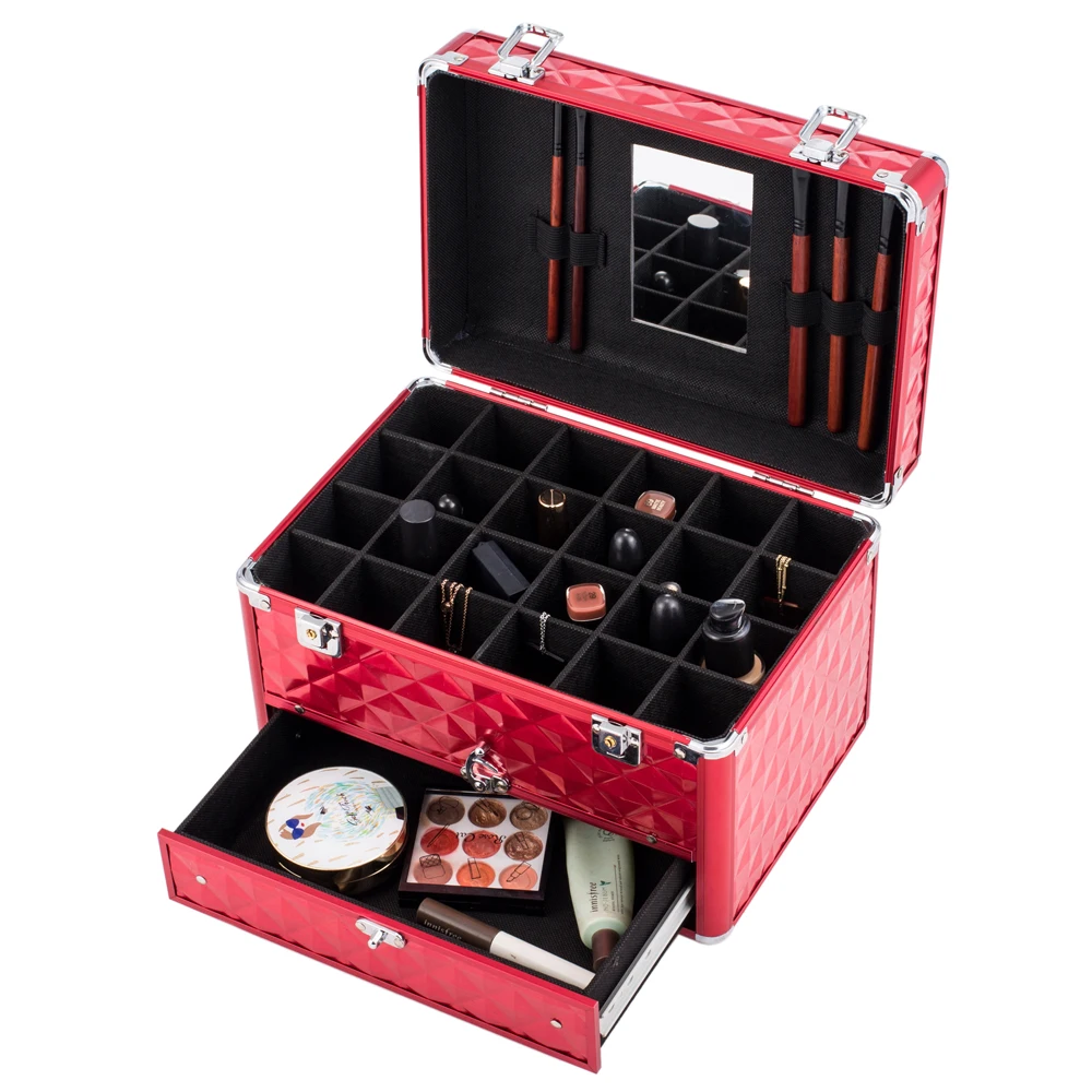 

Portable Makeup Case Nail polish storage Organizer Beauty Vanity Makeup Case with Mirror Cosmetic Holder with 24 compartments