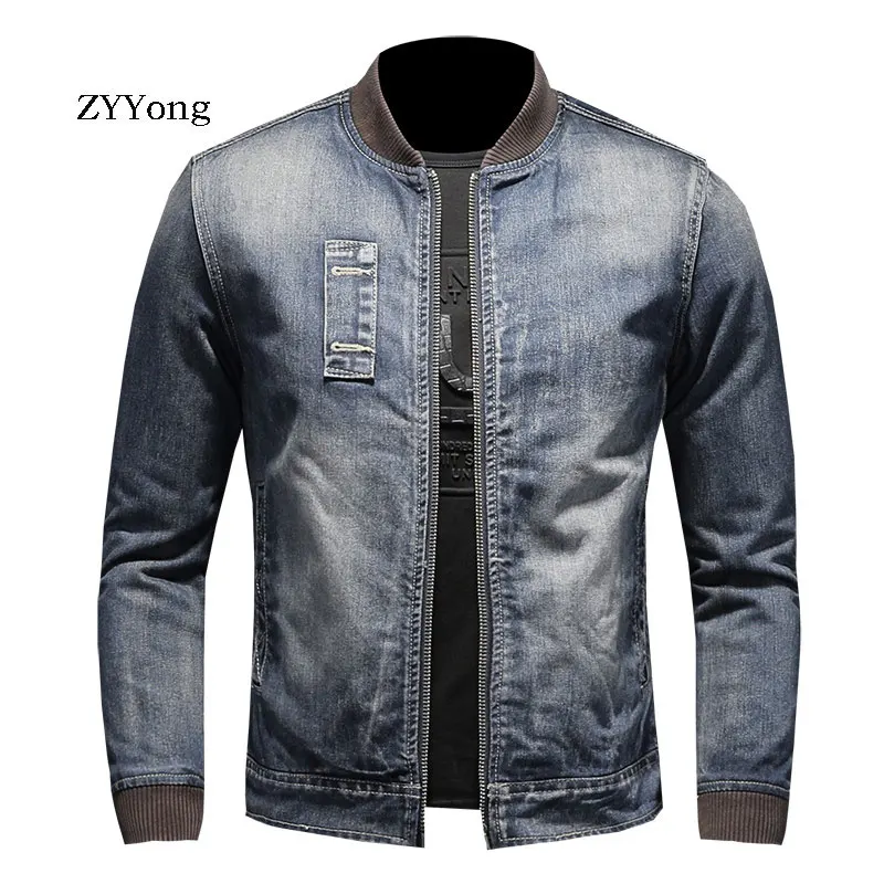 

ZYYong autumn and winter men's bomber jacket casual Slim plus velvet padded baseball collar zipper jacket men's denim jacket