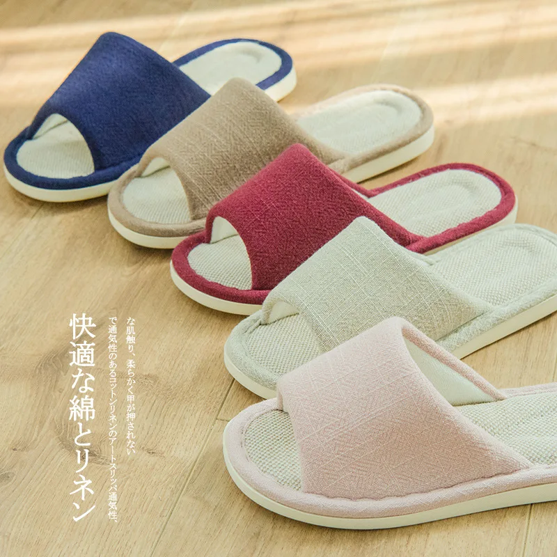 

Summer Peep-toe cozy linen indoor slippers shoes women mules couples slides Bedroom non-slip casual slipper shoes men