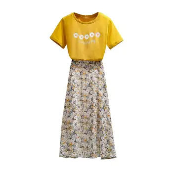 

new summer 2020 tall waist broken beautiful skirts loose short sleeve sweatshirt T-shirt two-piece outfit leisure suit sweet