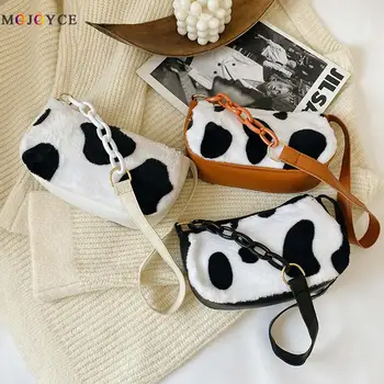 

Fashion Cow Milk Print Handbag Bags for Women 2020 Plush PU Leather Chain Shoulder Underarm Purse Autumn Winter Top-handle Bags