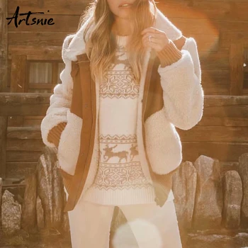 

Artsnie autumn winter 2019 suede leather jacket women double pockets fur faux coats streetwear casual jackets chaqueta mujer