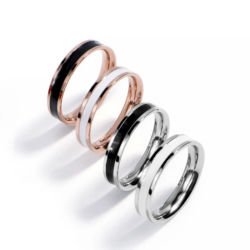 4mm Wedding Rings Stainless Steel Black White Enamel Ring Engagement Couple Jewelry Women Rose Gold Minimalist Gift Size 3 To 10