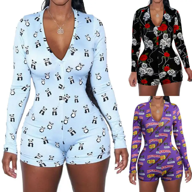 Body Sexy para mujer, ropa de dormir en V profundo con escote, mono con botones, pantalones cortos, mono Floral, Chándal estampado de manga larga, 2020