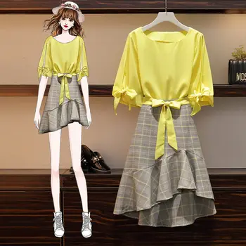 

Women Shirt and Skirt Two Piece Set 2020 Summer Clothing Fashion Plus Size Ladies Elegant Plaid Skirts Suits Outfit K094