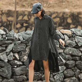 

LANMREM can ship spring fashion False Two pieces Chiffon Stripe Shirt Woman Niche design Irregular patchwork long shirt YJ007