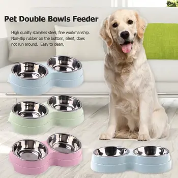 

Dog Double Bowl Stainless Steel Puppy Water Dish Bowl Universal Pet Feeder Cat Dog Supplies Cat Water Bowl 3 Colors