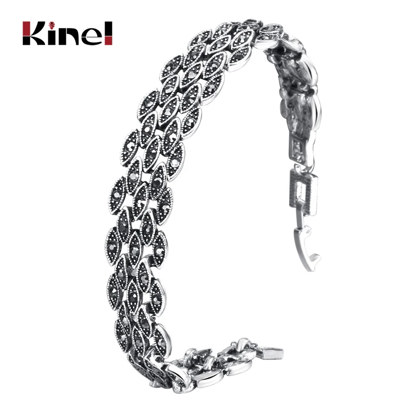 Kinel Bright Black Crystal Bracelet For Women Antique Silver Color Little Eye Link Bracelets Charm Vintage Jewelry crystal bracelet