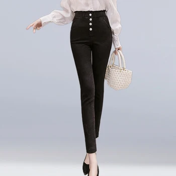 

Plus Size Women Stretch Leggings Imitation Jeans Pencil Pants Elegant Buttons Long Trousers Woman Female Casual Pants