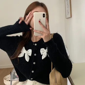 

Autumn 2020 new design 3D bow knitted cardigan with short round neck and long sleeve sweater