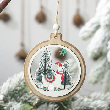 

Christmas Holiday Round Hanging Pendant Christmas Wooden Santa Pendant with Carving Alpaca Season Festival Party Accessories