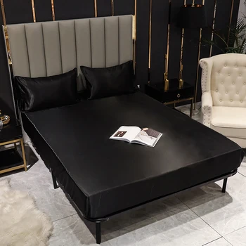 

Bonenjoy 1 PC Fitted Sheet Queen Size Black Color Satin Silk Bed Linen with Elastic Single/King Size Bed Sheet on Elastic