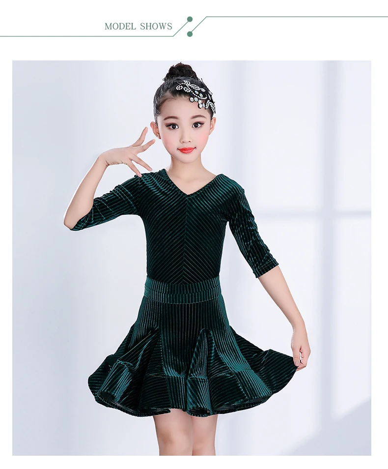 Новое поступление, Детский костюм с платьем для латинских танцев бархатная танцевальная юбка с v-образным вырезом и длинными рукавами, 3/4 год Детские платья для девочек, танцевальный костюм
