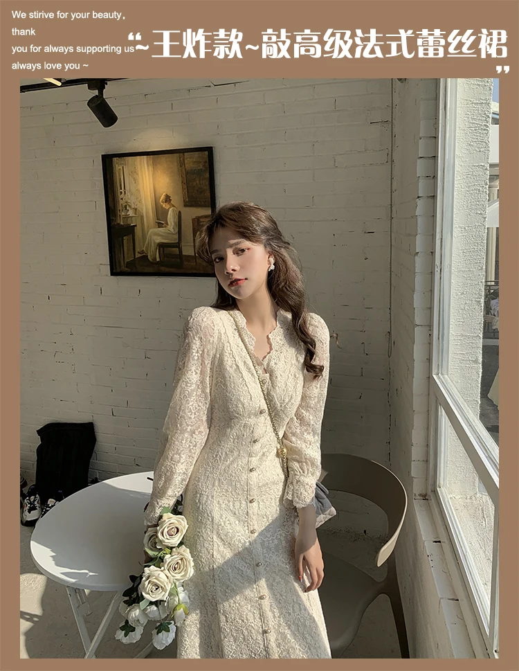 Elegant Lace Long Sleeve Midi Dress Winter White Women V-neck Korean Dress Spring One-piece Evening Lady Party Fairy Dress 2021 purple dress