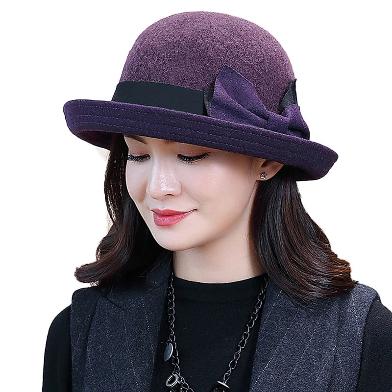 FS Fashion Gray Purple Women Wool Felt Bucket Hats Vintage Ladies Cloche Derby Bowler Cap with Bowknot Elegant Autumn Winter - Цвет: Purple