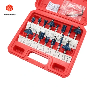 

FGHGF 12/15 pcs/set 1/4 Handle Carbide Milling Cutter Plastic Box Set Trimming Machine Drill Bit Combination Woodworking Tool
