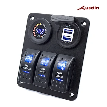 

AUSDINAUTO Waterproof Digital Voltmeter Dual USB Port 12V Outlet Combination Car Marine LED Rocker Switch Panel