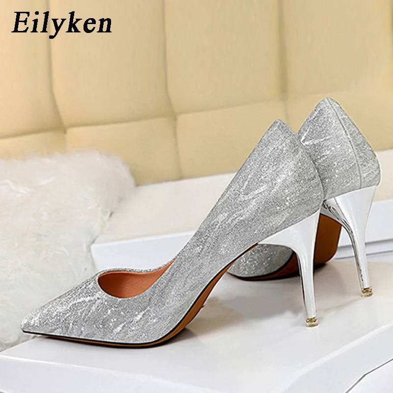 

Eilyken 2020 New Sexy Nightclub Stripper Stilettos High Heels Fashion Pointed Toe Slide Glitter Bling Party Pumps Fetish Shoes