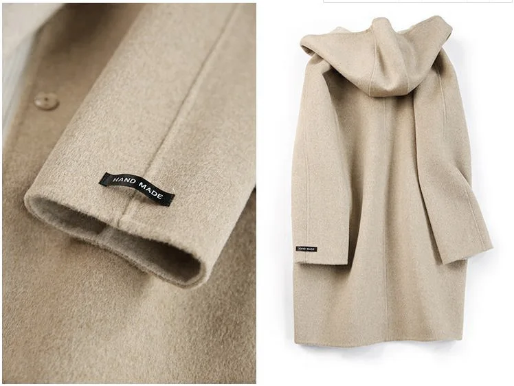 high quality women's apricot double-sided wool coat with hood for spring autumn winter beige