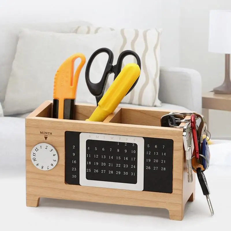

With Calendar Ornaments Desk Organizer Gift Table Practical Container Pen Pencil Holder Two Grids Wooden Storage Box Rectangular