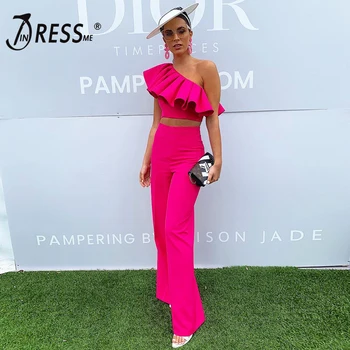 

INDRESSME Women Fashion Two-Piece Sets One-Shoulder Ruffle Short Crop Top High Waist Boot Cut Pants 2019 New Office Women Suits