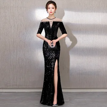

Evening Dress Long Luxury Birthday Party Mermaid Dress Sexy Illusion Evening Dresse Bling Bling Black Robe De Soiree Plus Size