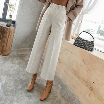 

New Arrival 2019 Winter Women High Waist Woolen Wide Leg Pants Female Simple OL Black Pants Casual Trousers Top quality S244