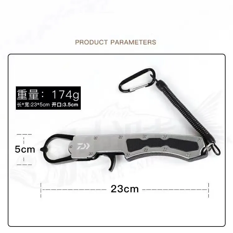 Ferramenta de Pesca Controle de Peixes Daiwa Portátil Captura Braçadeira Enfrentar Titular Anti Deslizamento Clipe Corda Lábio Peixe Grip Alicates Alumínio 1 clipe corda lábio peixe grip alicates alumínio
