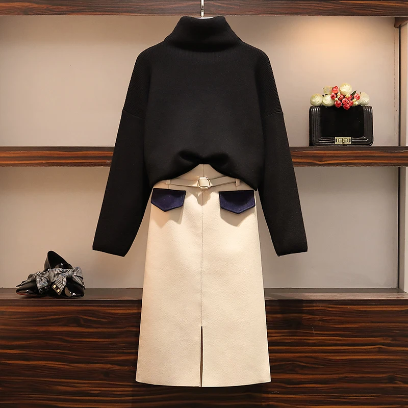 Большой размер M-4XL комплект одежды из двух предметов женский свободный вязаный свитер и шерстяная юбка вязанный Топ пуловер зима осень - Цвет: Black suit