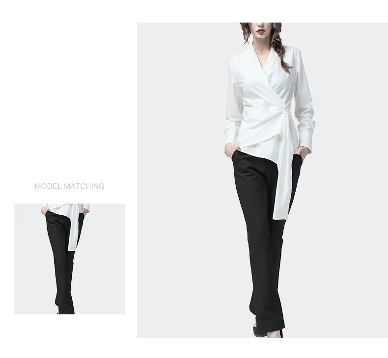 Офисная Женская белая блузка с длинным рукавом с v-образным вырезом осенний Топ с поясом на шнуровке с высокой талией кардиганы Блузы элегантные топы для работы