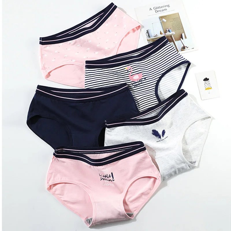 

5pcs Women Striped cotton Panties Seamless Comfort Briefs Underwear Girls Sweet Design Lingerie Mid-Waist Underpants XXL #D