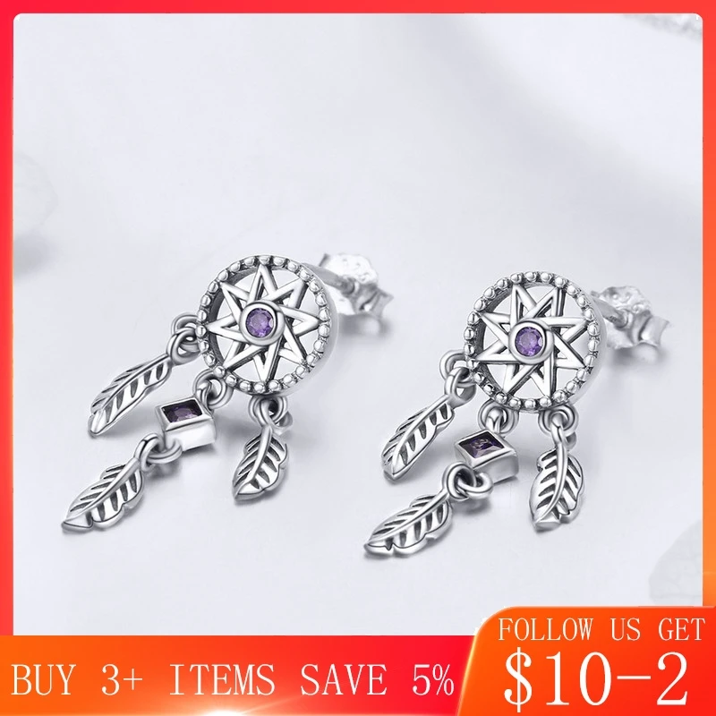 

CodeMonkey 925 Sterling Silver Vintage Dream Catcher Earrings for Women Purple Cubic Zircon Sterling Silver Jewelry E502