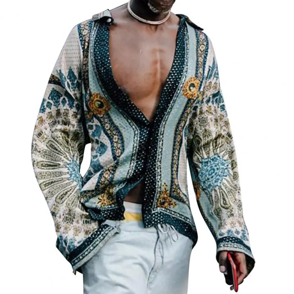 Men Ethnic Style Regular Shirt Printed Buttons Summer Casual All-Match Long Sleeve Lapel Top Party long sleeve shirt men casual shirt