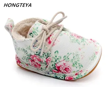 

Hongteya print flower PU leather Baby Moccasins shoes winter keep warm kids girl boy First Walkers lace up boot casual shoes